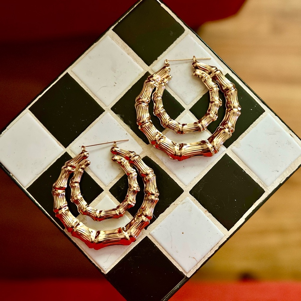 Textured Gold Bamboo Hoop Earrings - Women Jewelry Earrings